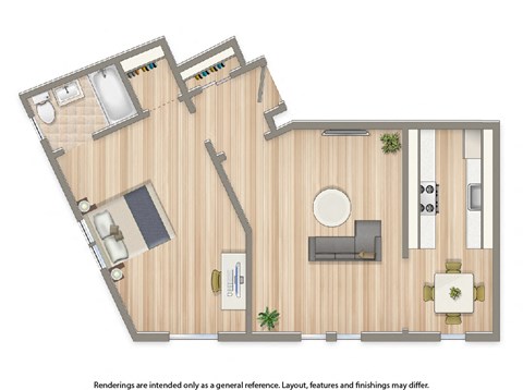 Floor plan for 1 bed, 1 bath, 557 sqft